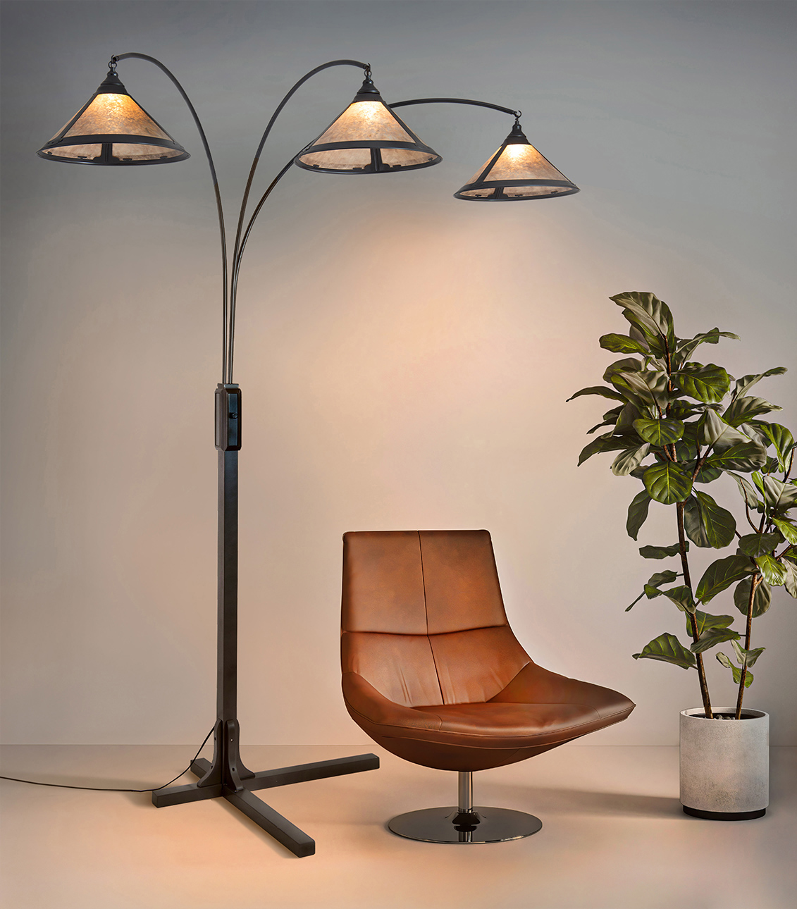 Natural Mica 3 Light Arc Floor Lamp – Charcoal Gray Wood
