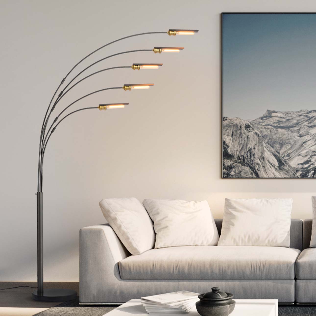 Newport 91″ 5 Light Arc Lamp in Gunmetal and Brushed Brass Accents with Dimmer Switch