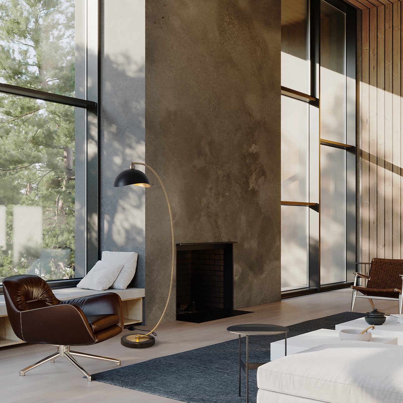 Luna Bella Chairside Arc Floor Lamp in Brass Black Gold with Marble Base