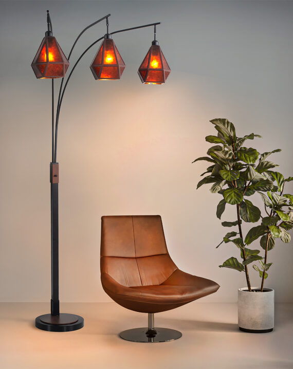 Sophisticated Artifact 3 Light Arc Lamp: Amber mineral mica shades create a warm ambiance. Modern bronze and walnut finish. Dimmable for tailored lighting.