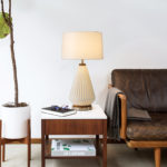 Concord Table Lamp: Porcelain Body with Walnut and Brass Accents by Nova of California.