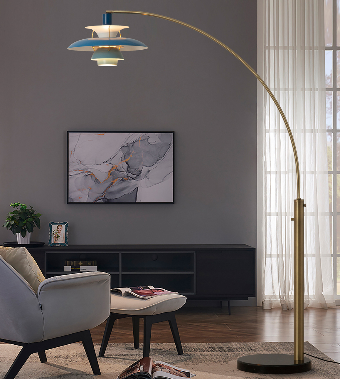 Palm Springs 83″ 1 Light Arc Lamp in Weathered Brass and Bluetone Shade with Dimmer Switch