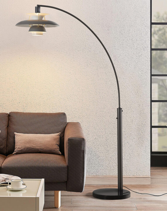 Palm Springs Arc Floor Lamp with Ombre Greyscale Shade and Gunmetal Finish by Nova of California.