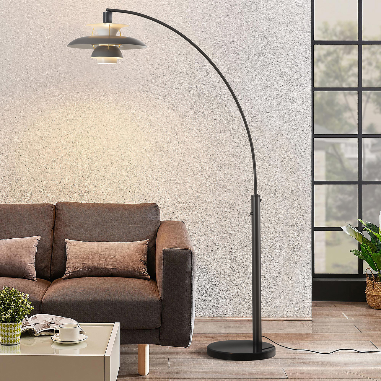 Palm Springs 83″ 1 Light Arc Lamp in Gunmetal and Graytone Shade with Dimmer Switch