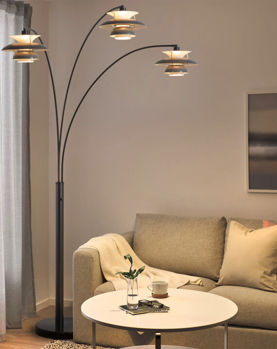 Palm Springs 3 Light Arc Floor Lamp with Ombre Blue Tonal Shades and Brass Finish by Nova of California.
