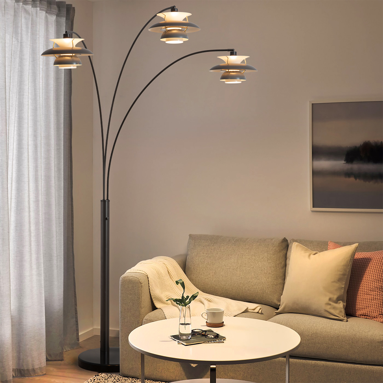 Palm Springs 84″ 3 Light Arc Lamp in Gunmetal and Graytone Shades with Dimmer Switch