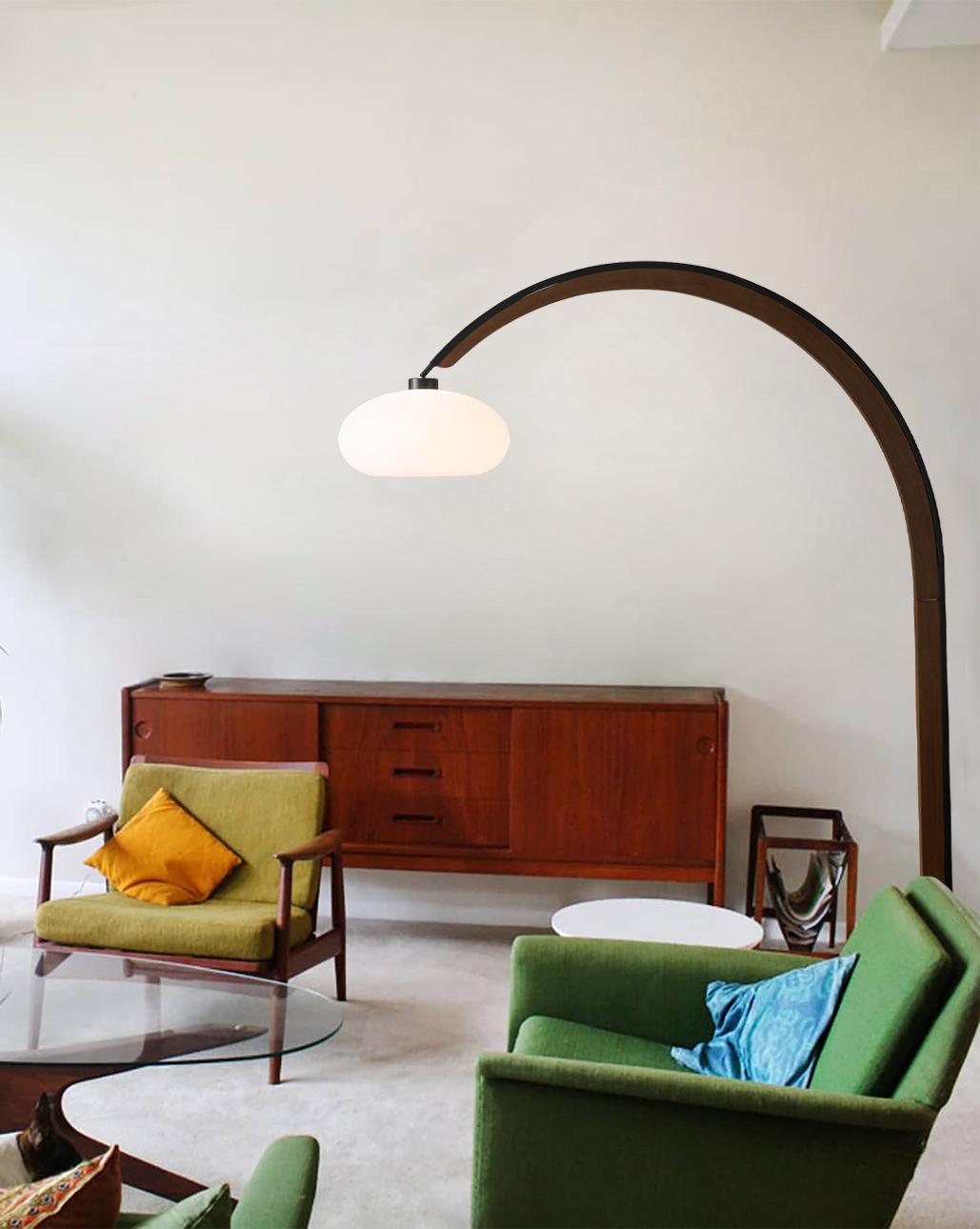 Vaulted 86″ Arc Lamp in Weathered Brass and Walnut with Dimmer Switch designed by Peter Morelli in 1968