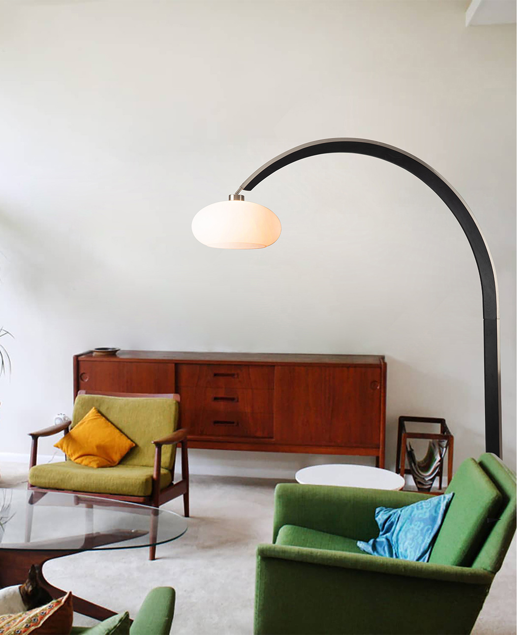 Vaulted 86″ Arc Lamp in Satin Nickel and Espresso with Dimmer Switch designed by Peter Morelli in 1968