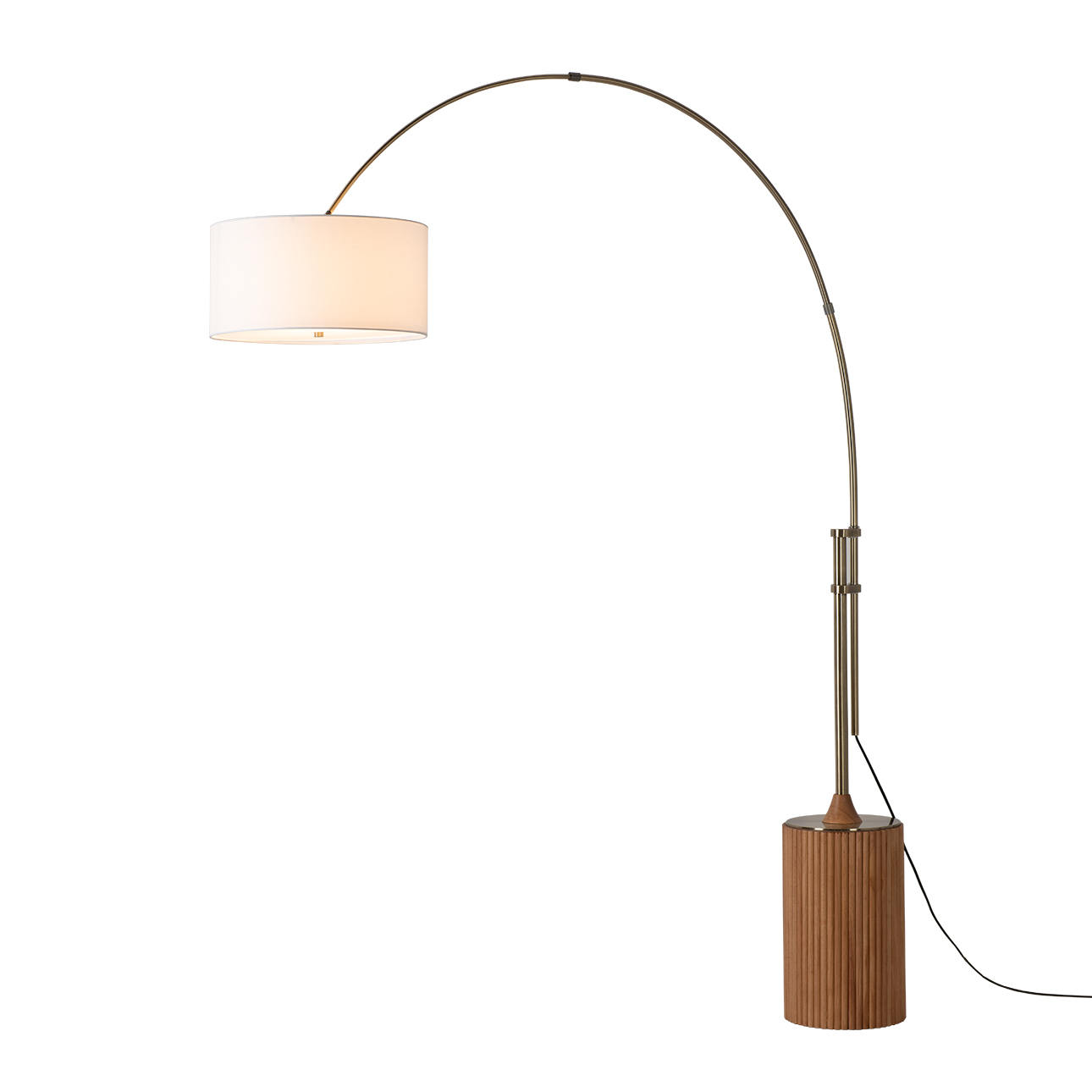 Tambo Arc Floor Lamp - Natural Ash Wood Finish, Weathered Brass, Tambour base, White Linen Shade, Dimmer