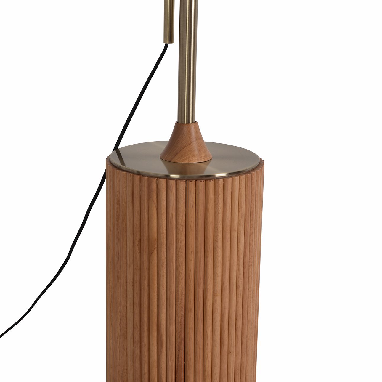 Tambo Arc Floor Lamp - Natural Ash Wood Finish, Weathered Brass, Tambour base, White Linen Shade, Dimmer