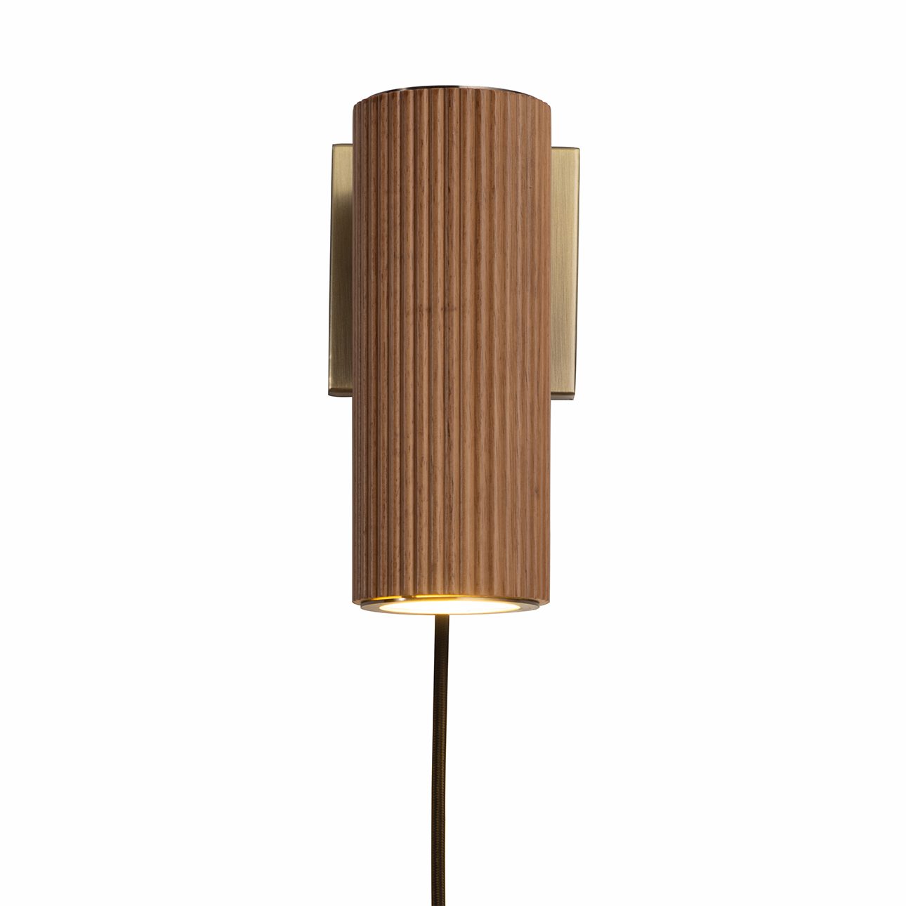 Tambo Wall Sconce in Ash and Brass with Warm Ambient Glow