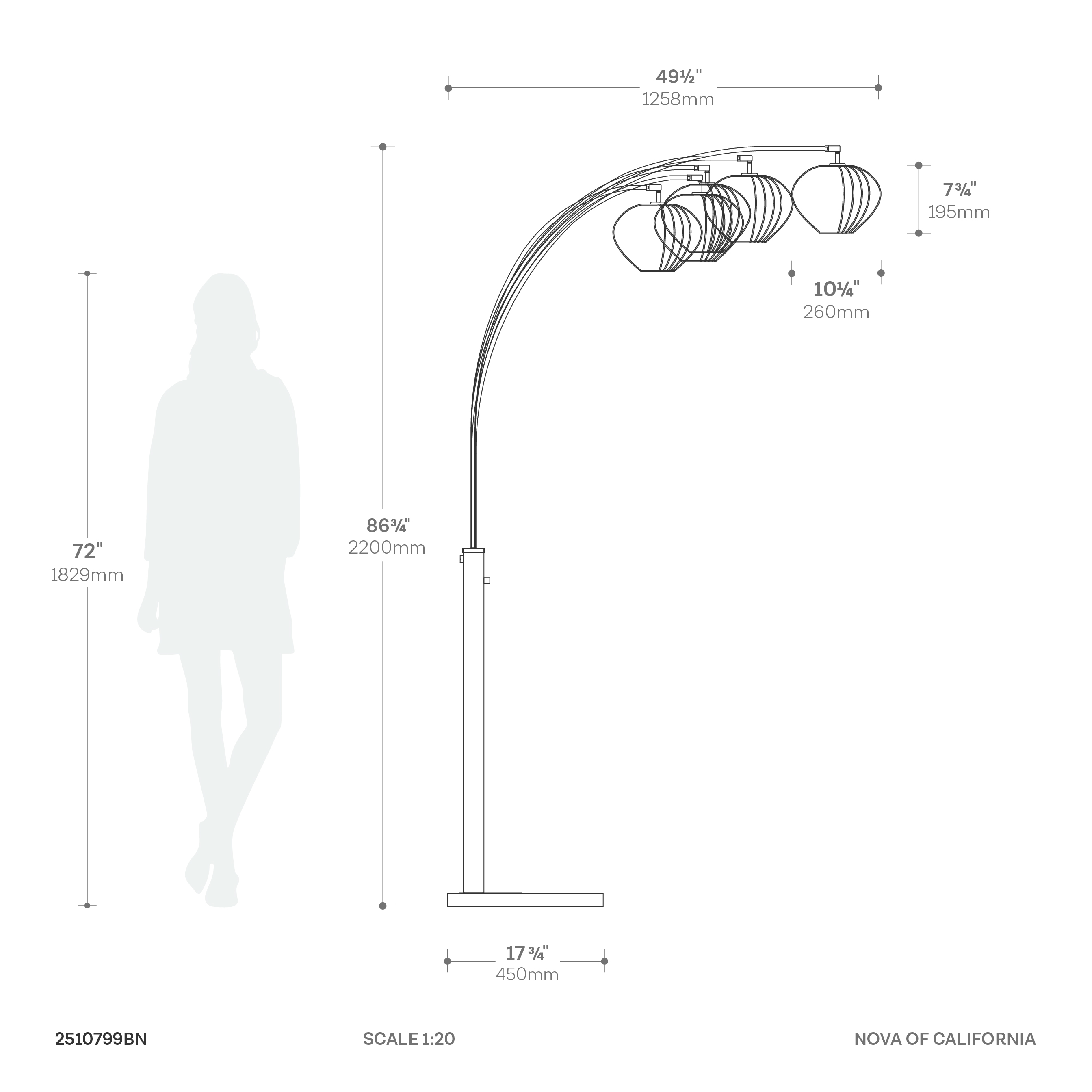 Bloom Five Light Arc Floor Lamp in Black Nickel with Black Marble Base