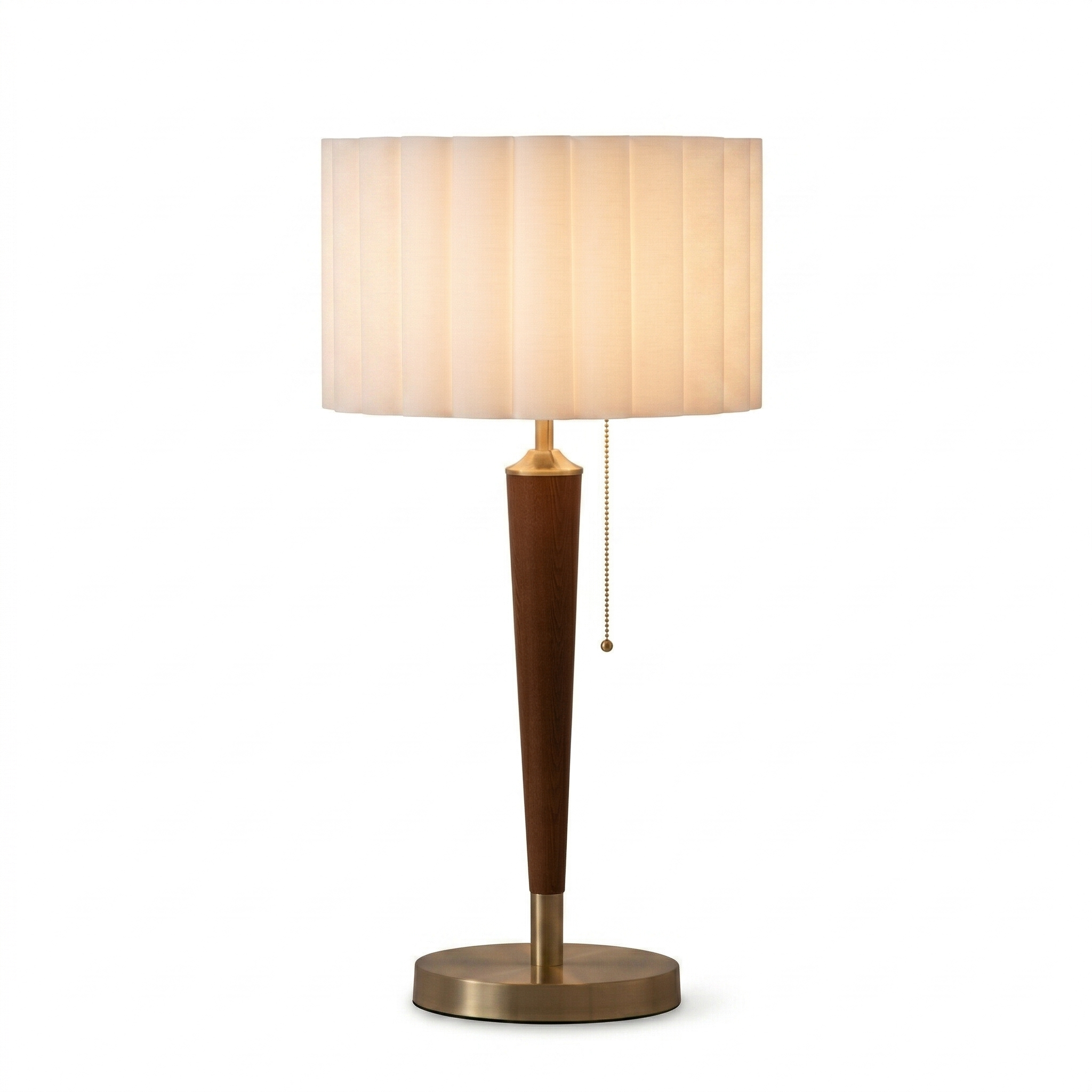 Scalloped Table Lamp in Walnut and Weathered Brass with White Linen Shade