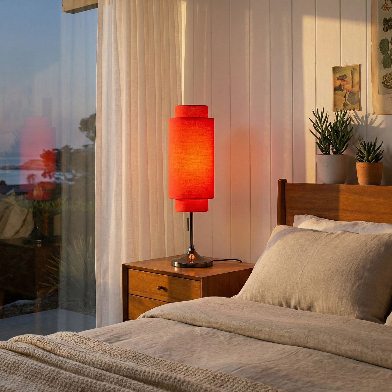 Lollipop Table Lamp in Black Nickel with Crimson Red Double Linen Shade