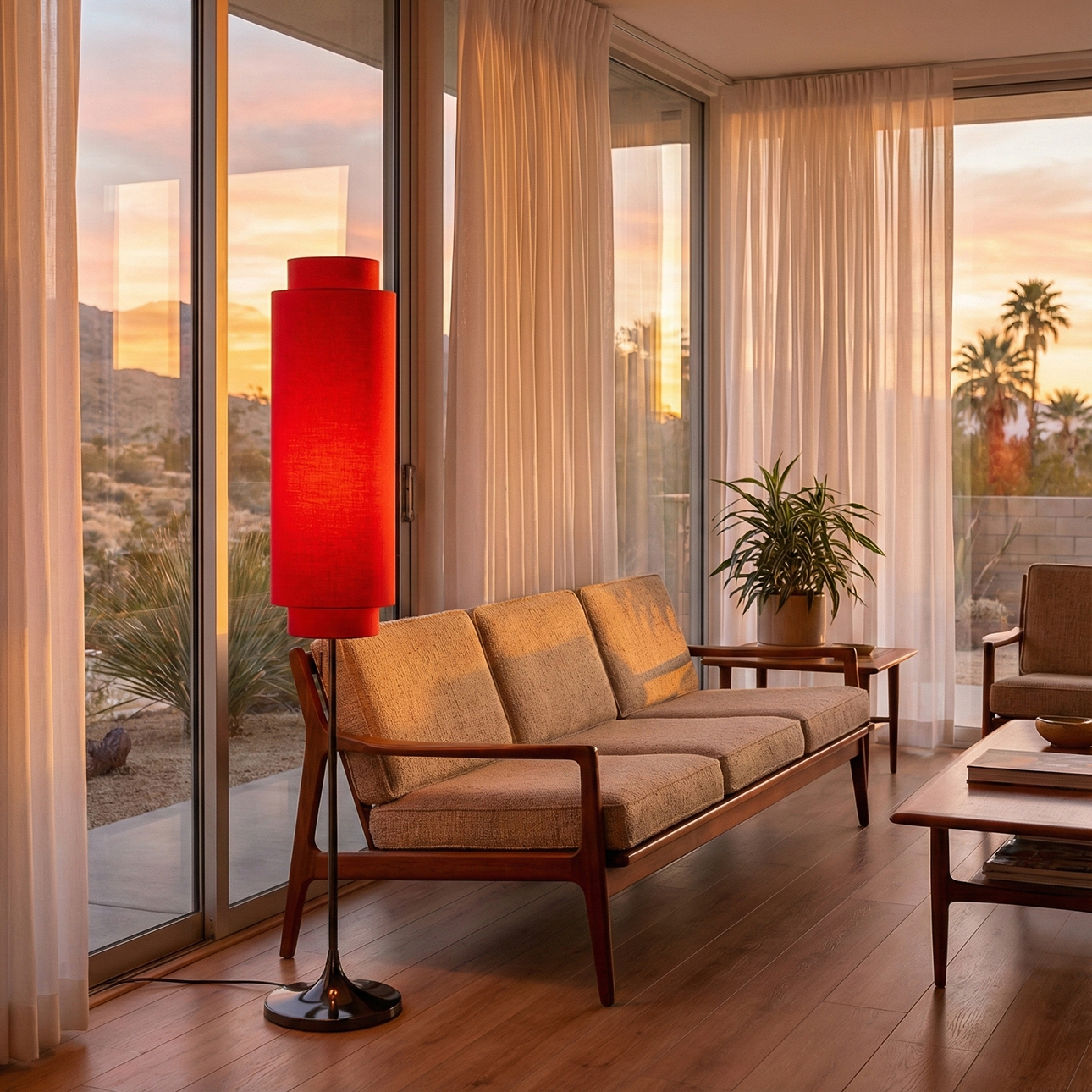 Lollipop Floor Lamp in Black Nickel with Crimson Red Double Linen Shade