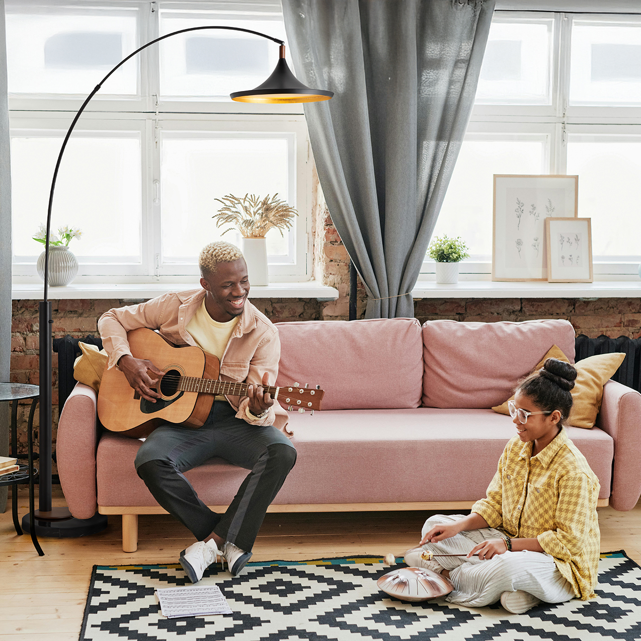 Lodi One Light Arc Floor Lamp in Matte Black Walnut and Gold Leaf