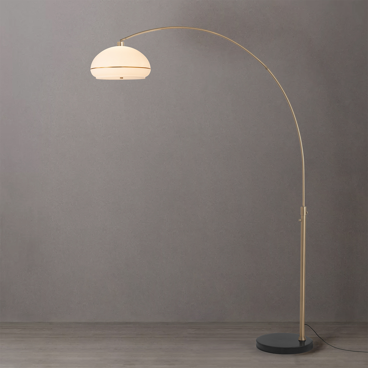 Morelli Simple Arc Floor Lamp in Weathered Brass with Black Marble Base