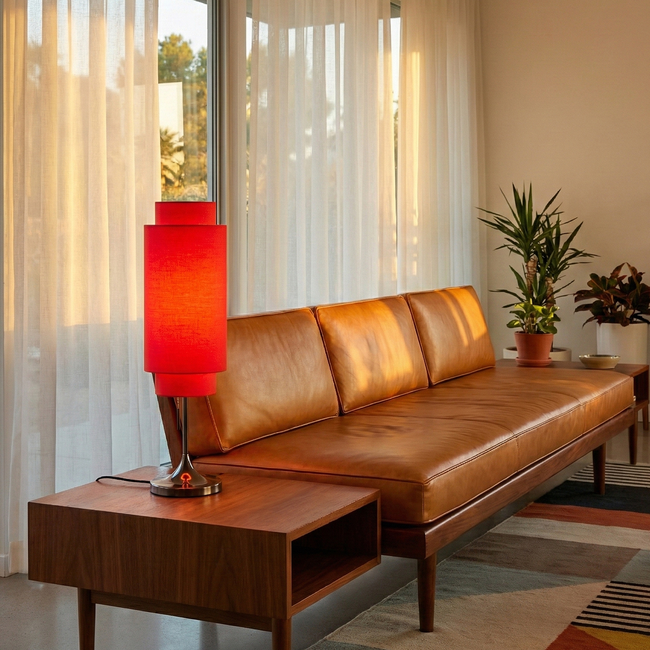 Lollipop Table Lamp in Black Nickel with Crimson Red Double Linen Shade