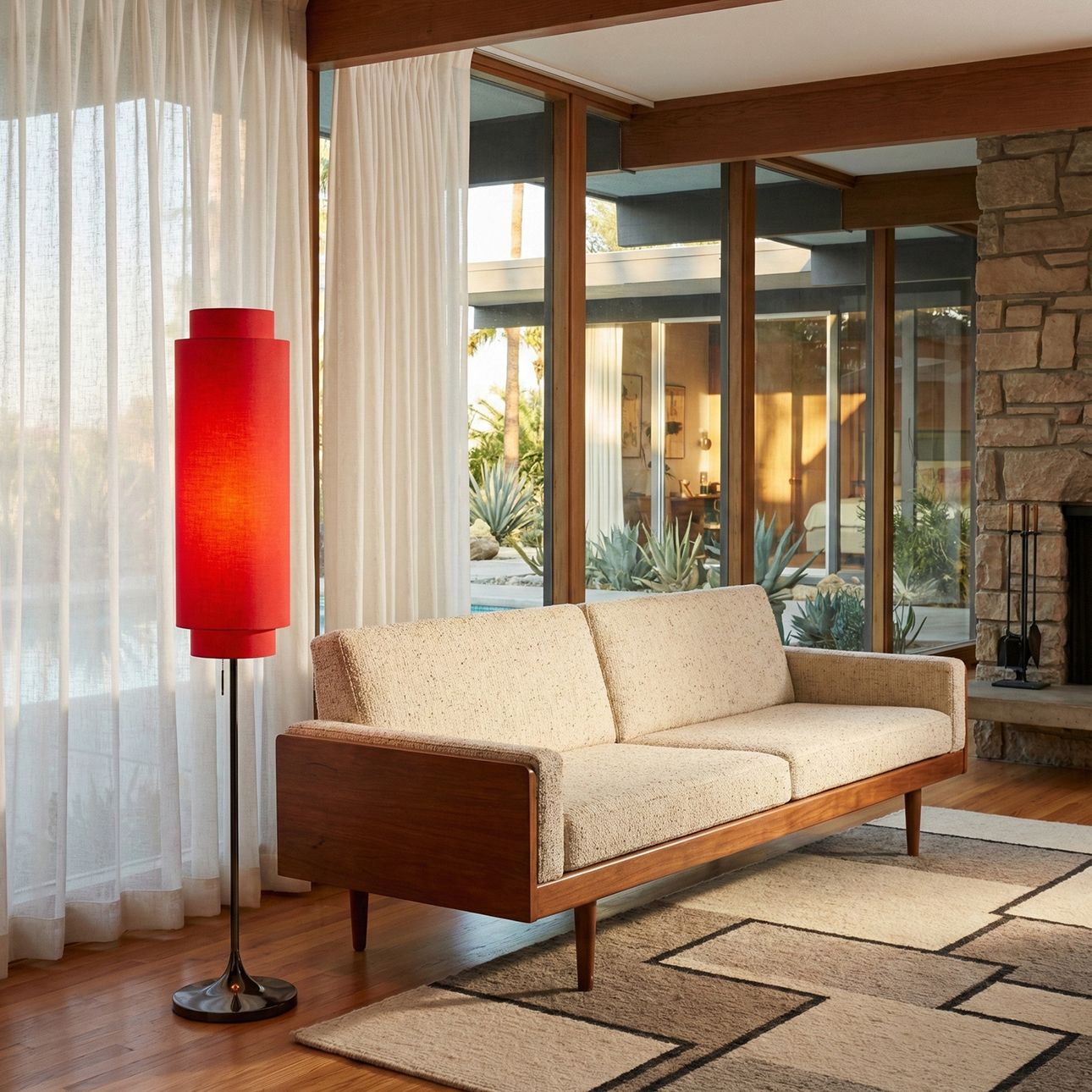 Lollipop Floor Lamp in Black Nickel with Crimson Red Double Linen Shade