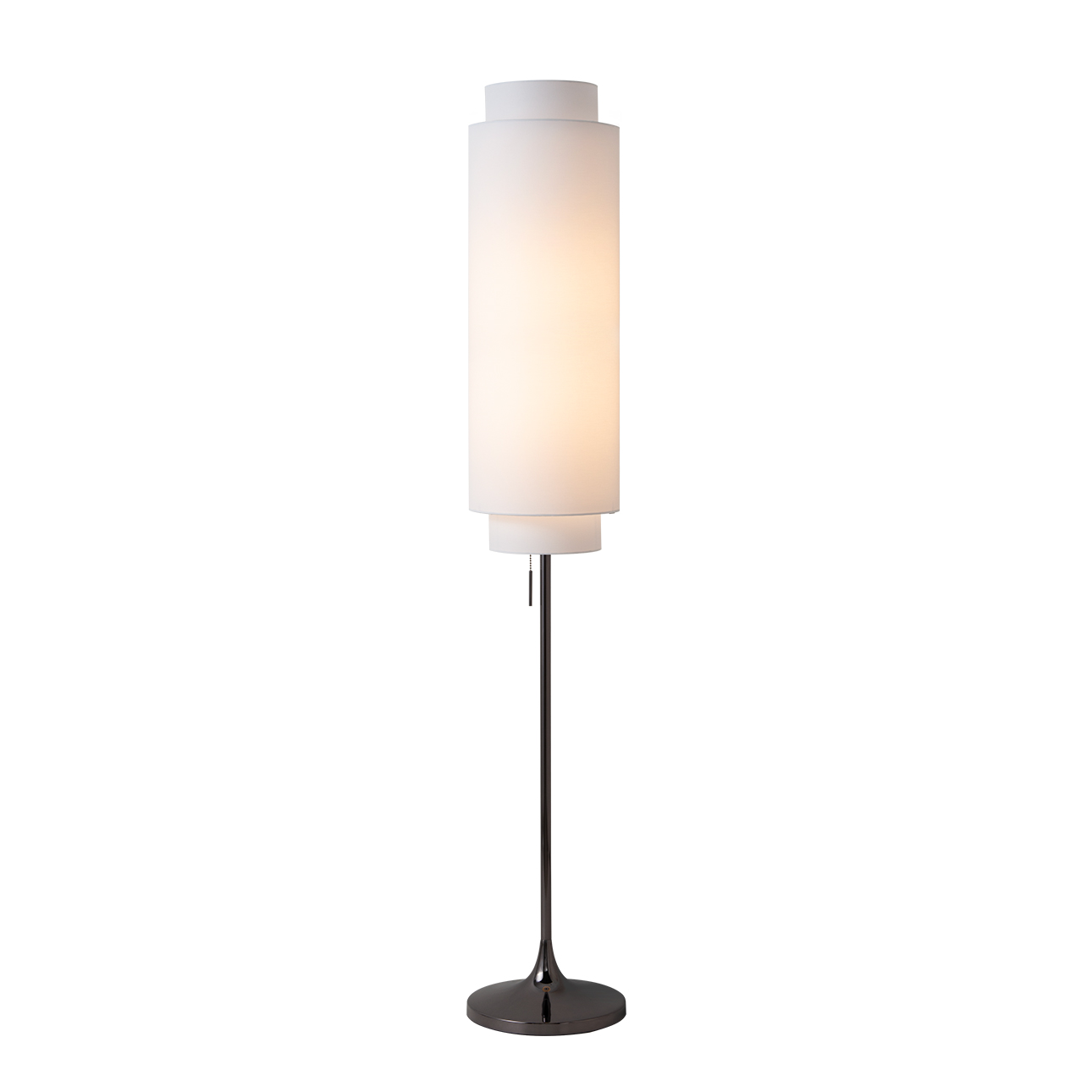 Lollipop Floor Lamp – Black Nickel, White Linen Double Shade, On/Off Pull Chain