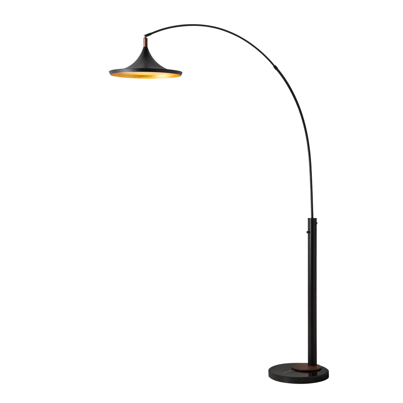 Lodi One Light Arc Floor Lamp in Matte Black Walnut and Gold Leaf