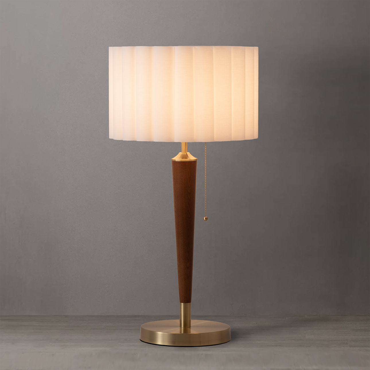 Scalloped Table Lamp in Walnut and Weathered Brass with White Linen Shade