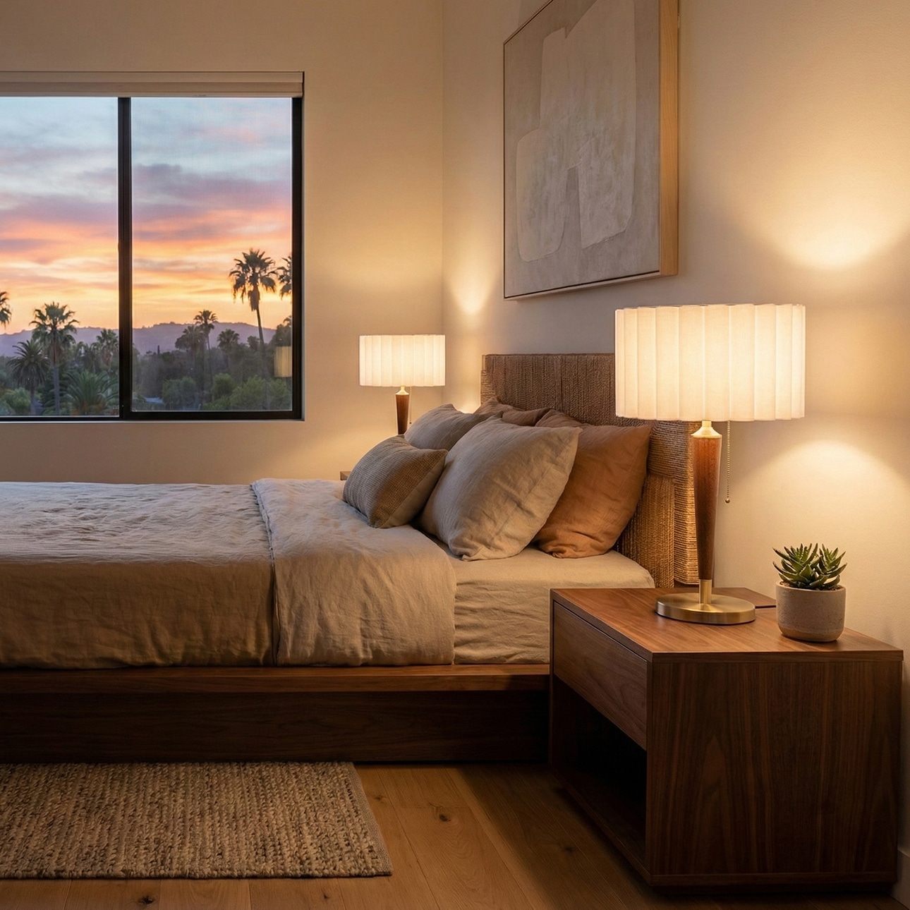 Scalloped Table Lamp in Walnut and Weathered Brass with White Linen Shade