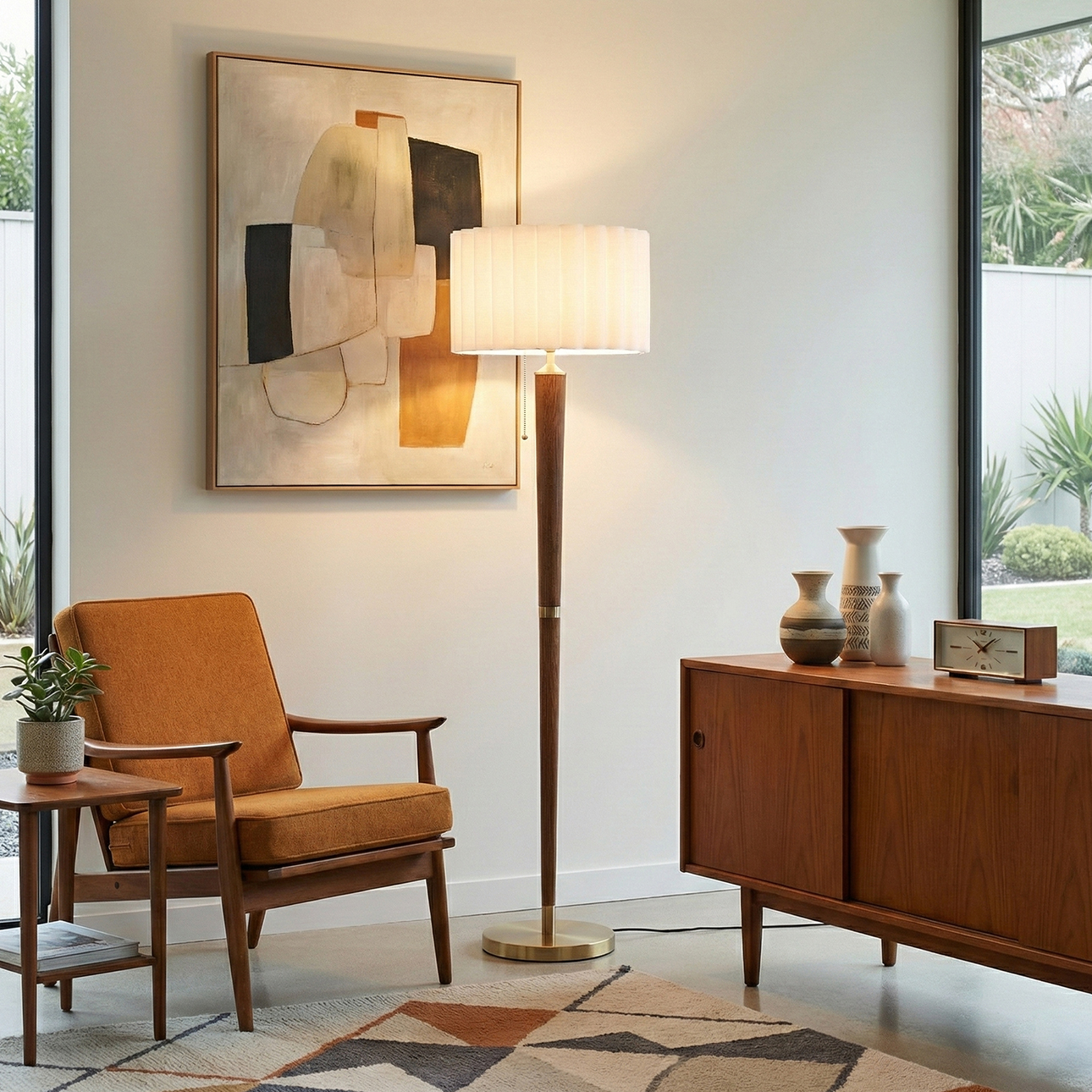 Scalloped Floor Lamp – Walnut, Weathered Brass, White Linen, On/Off Pull Chain