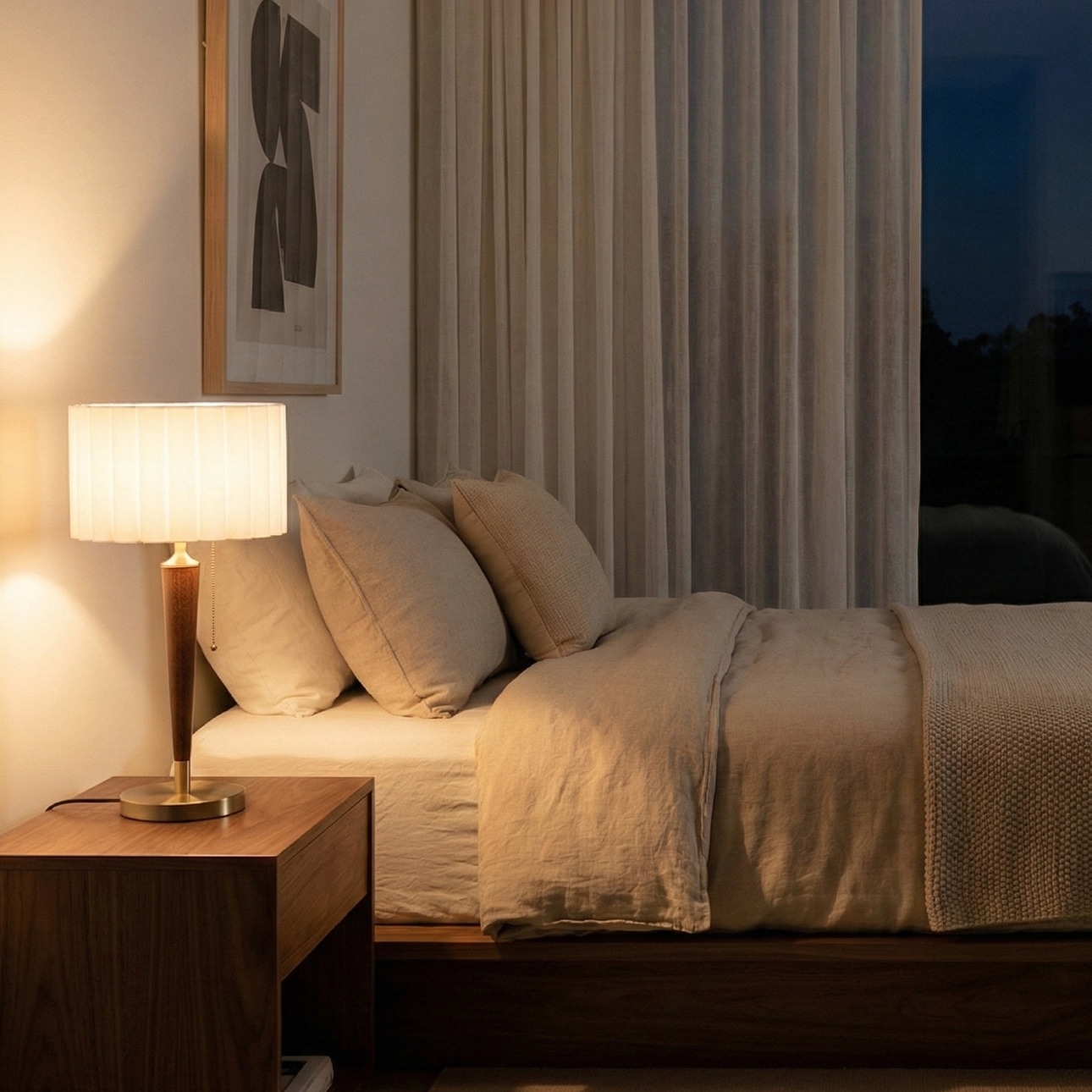 Scalloped Table Lamp in Walnut and Weathered Brass with White Linen Shade