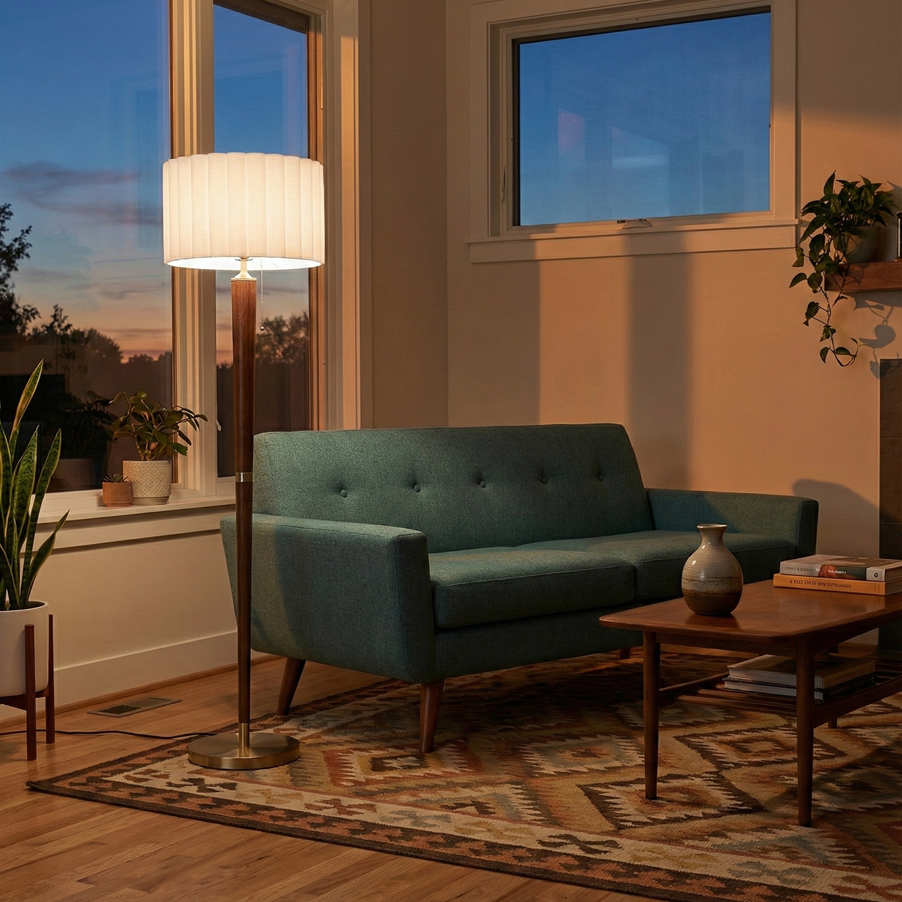 Scalloped Floor Lamp – Walnut, Weathered Brass, White Linen, On/Off Pull Chain