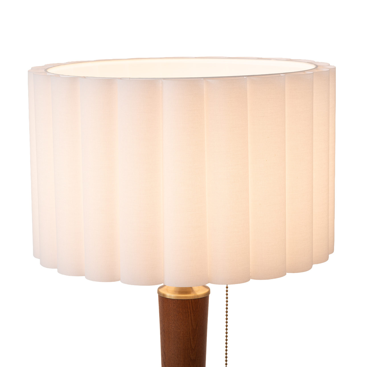 Scalloped Floor Lamp – Walnut, Weathered Brass, White Linen, On/Off Pull Chain