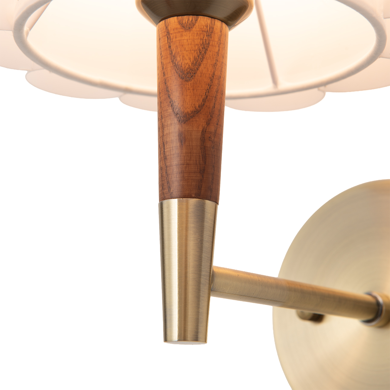 Scalloped Wall Sconce in Walnut and Weathered Brass with White Linen Diffuser
