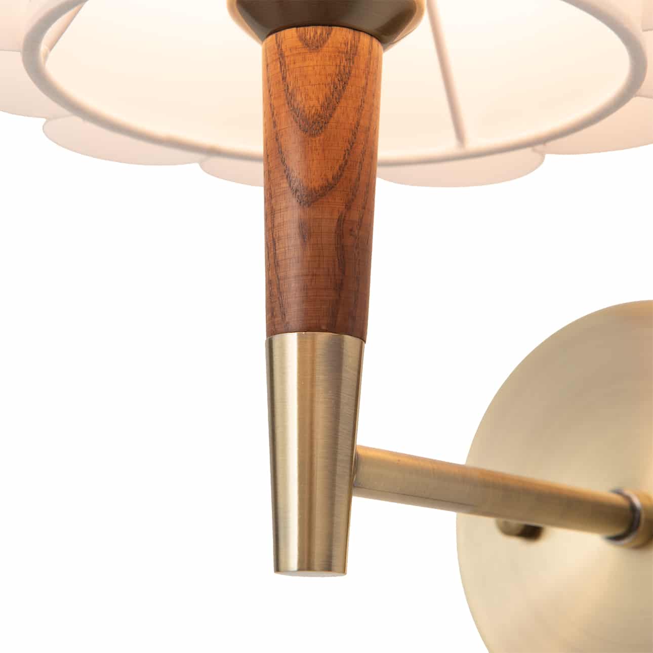 Scalloped Wall Sconce in Walnut and Weathered Brass with White Linen Diffuser