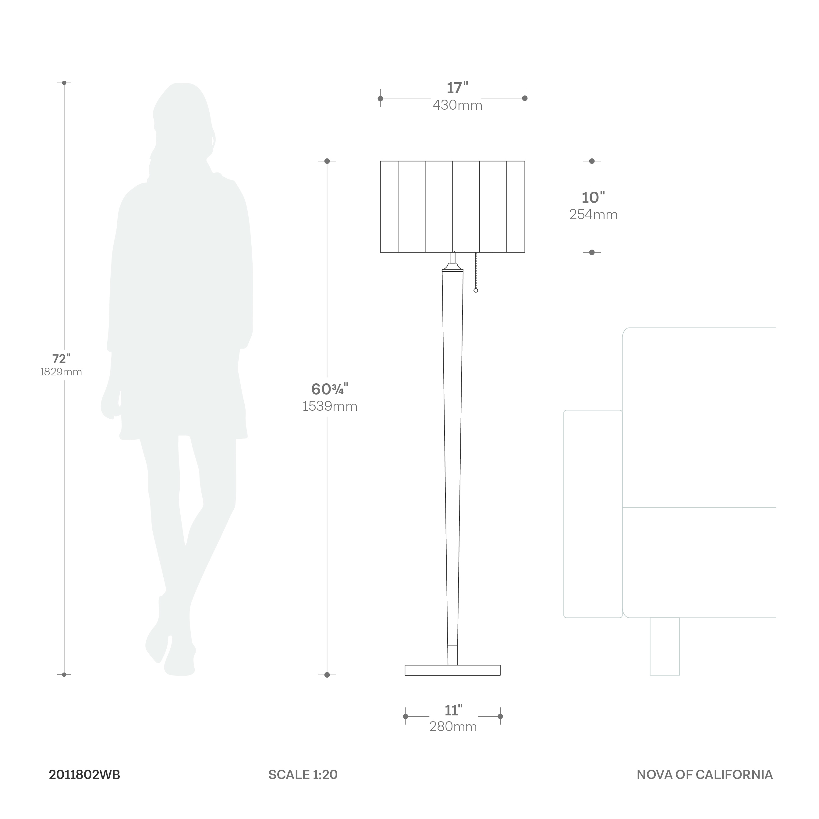 Scalloped Floor Lamp – Walnut, Weathered Brass, White Linen, On/Off Pull Chain