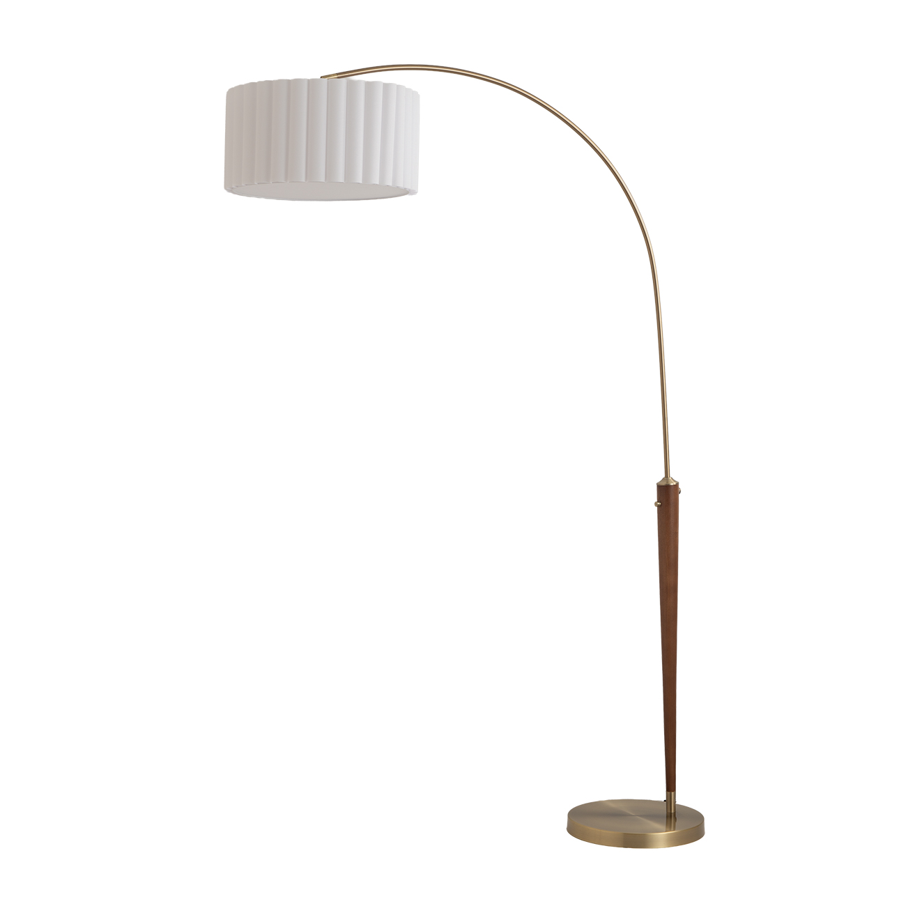 Scalloped One Light Arc Floor Lamp in Walnut and Weathered Brass
