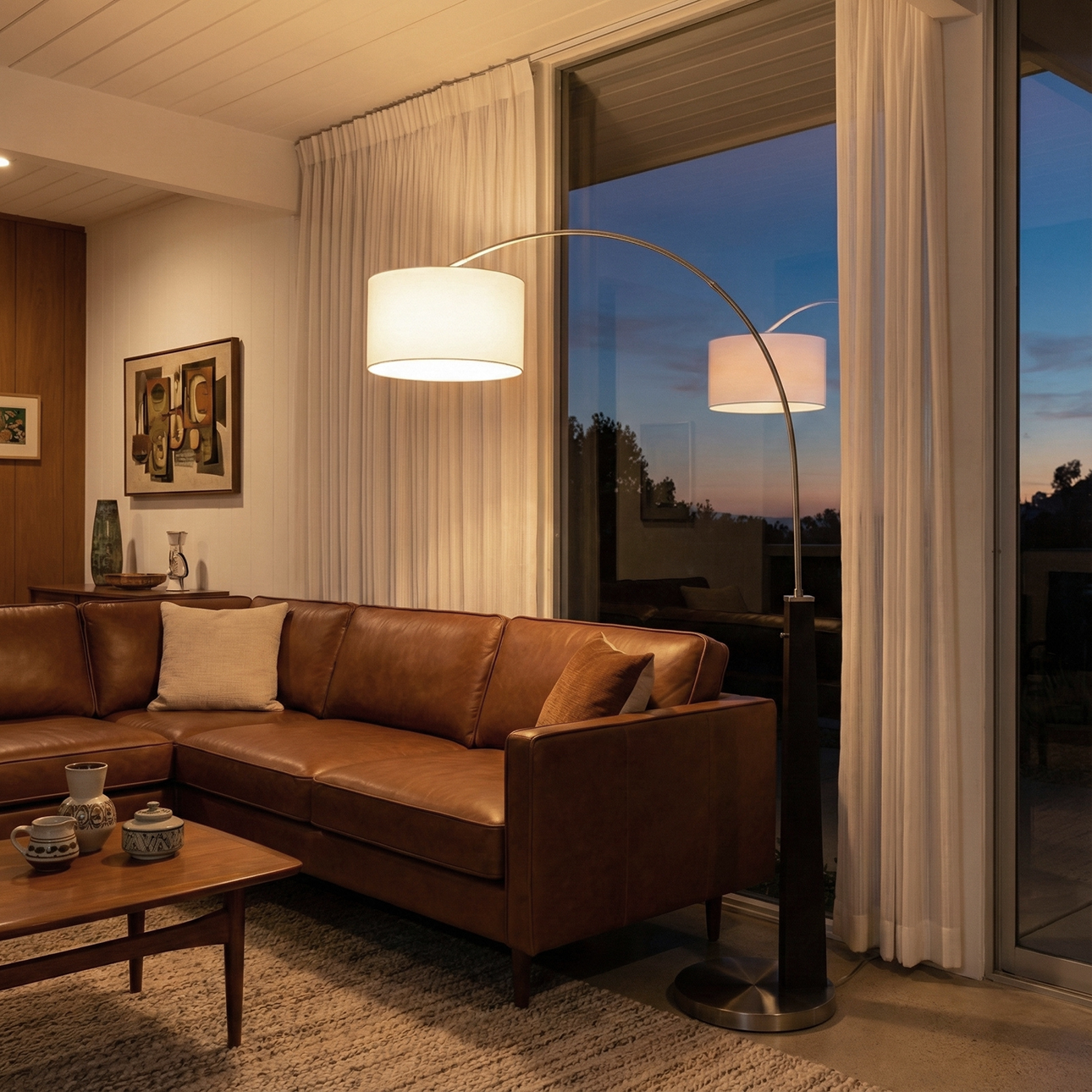 Taper One Light Arc Floor Lamp in Black Wood with Satin Nickel and White Linen Shade