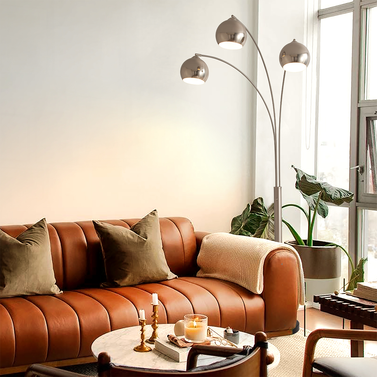 Original 1962 Triplet 3 Light Arc Floor Lamp - Satin Nickel