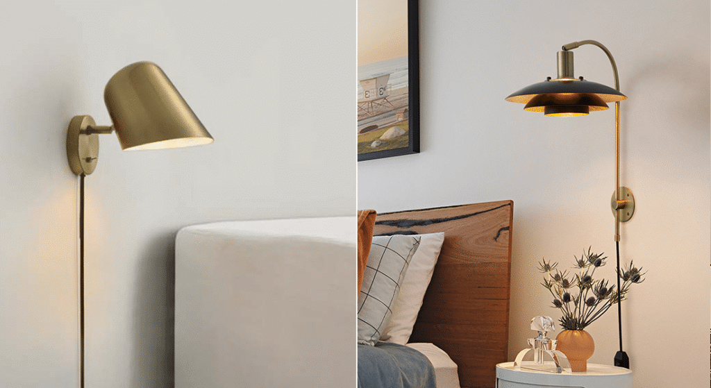 Wall sconces with adjustable brass arms illuminating a modern bedroom wall