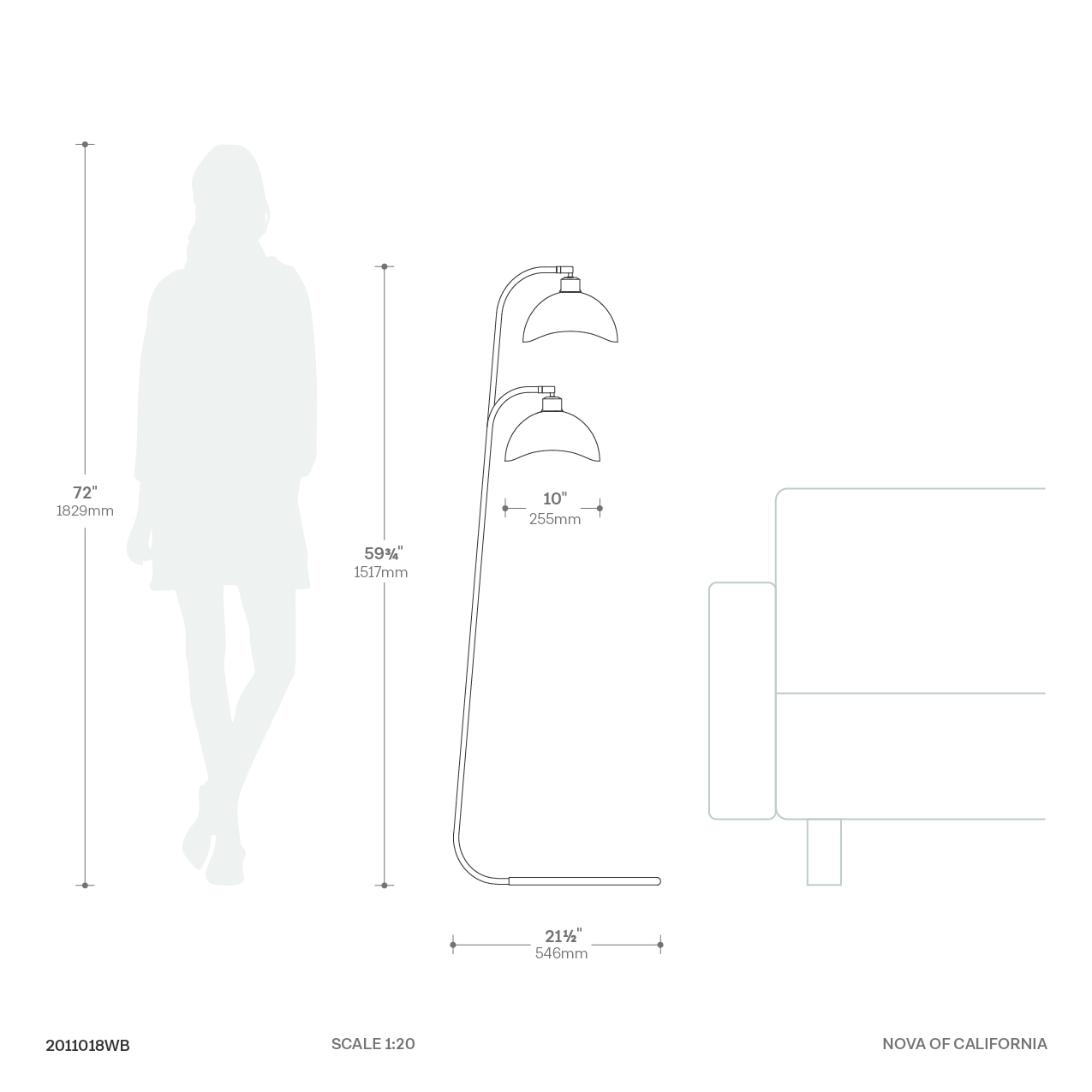 Luna Bella Duo Floor Lamp - Weathered Brass, Matte Black/Gold-Leaf Shade