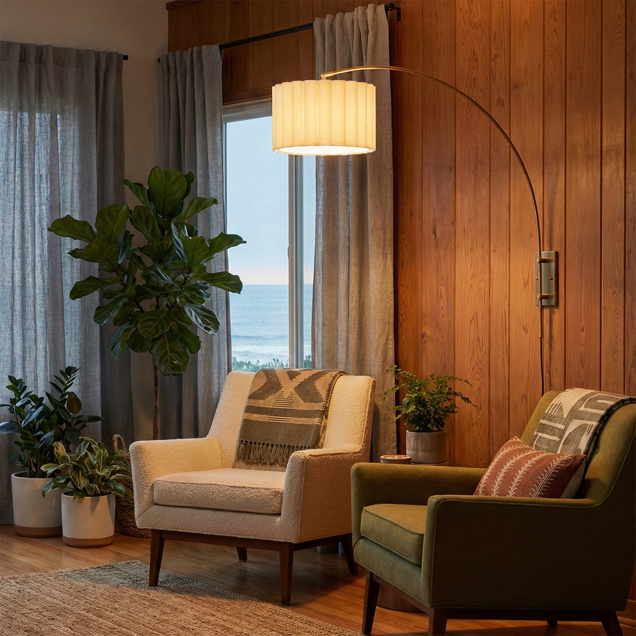 Scalloped Wall Arc Lamp - Weathered Brass, White Linen, Diffuser