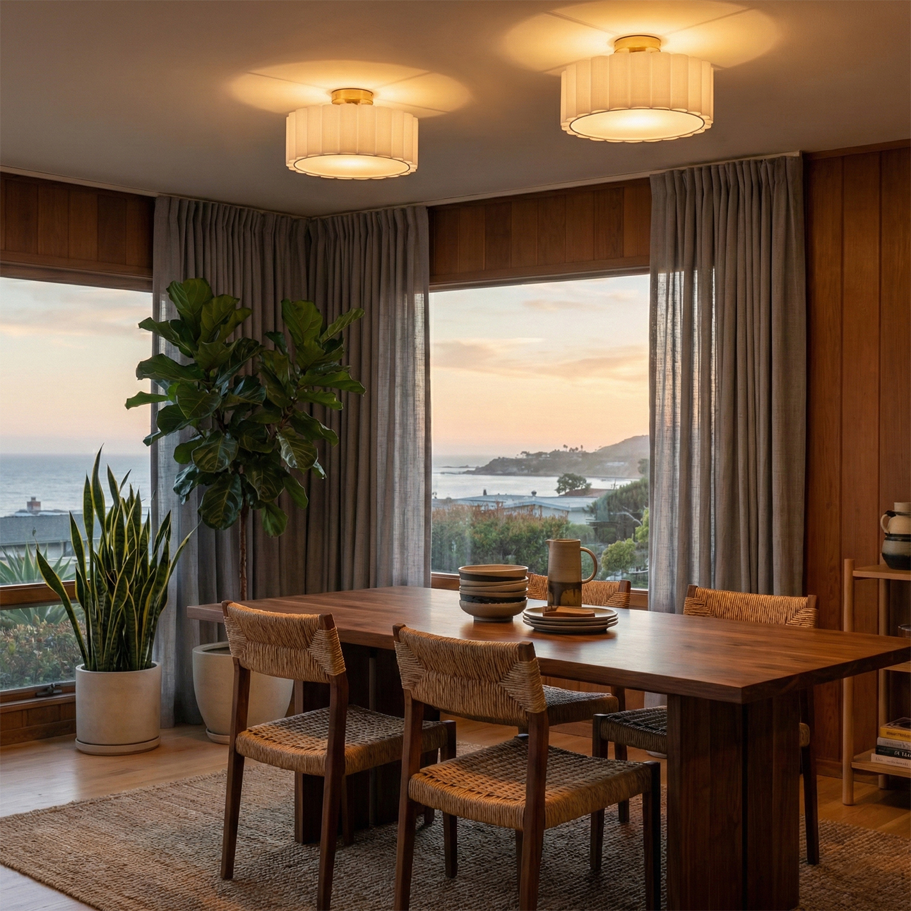 Scalloped, Flush Mount Lamp, Weathered Brass, White Linen, Diffuser