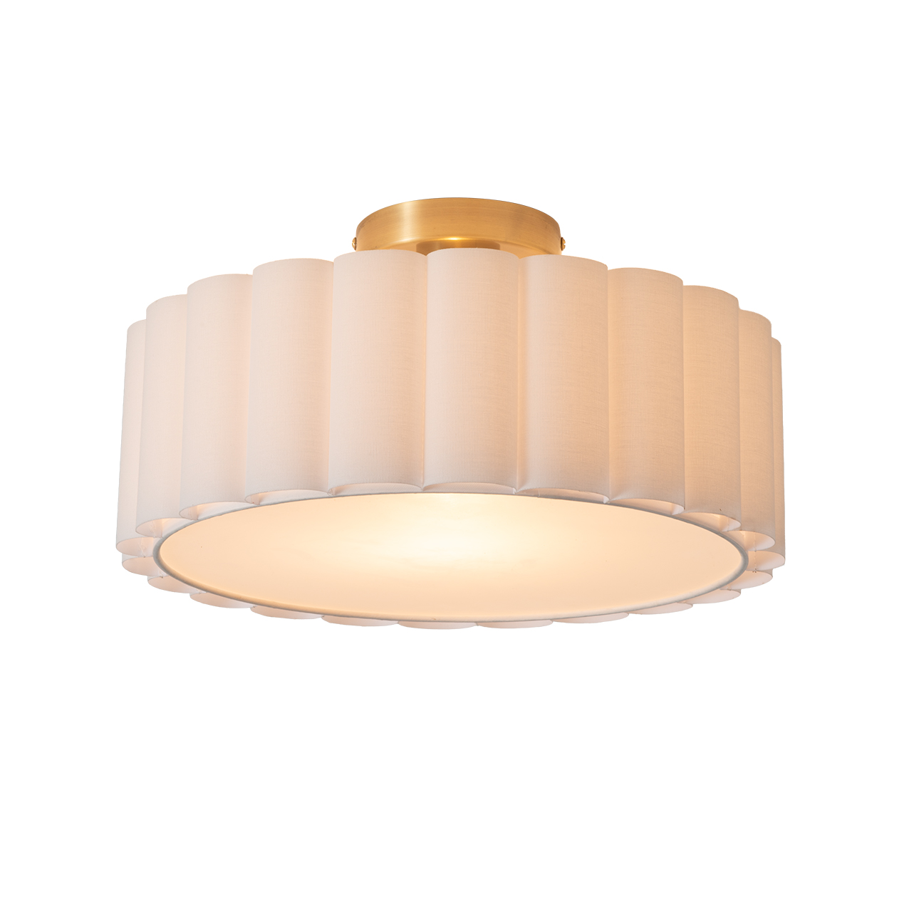 Scalloped, Flush Mount Lamp, Weathered Brass, White Linen, Diffuser