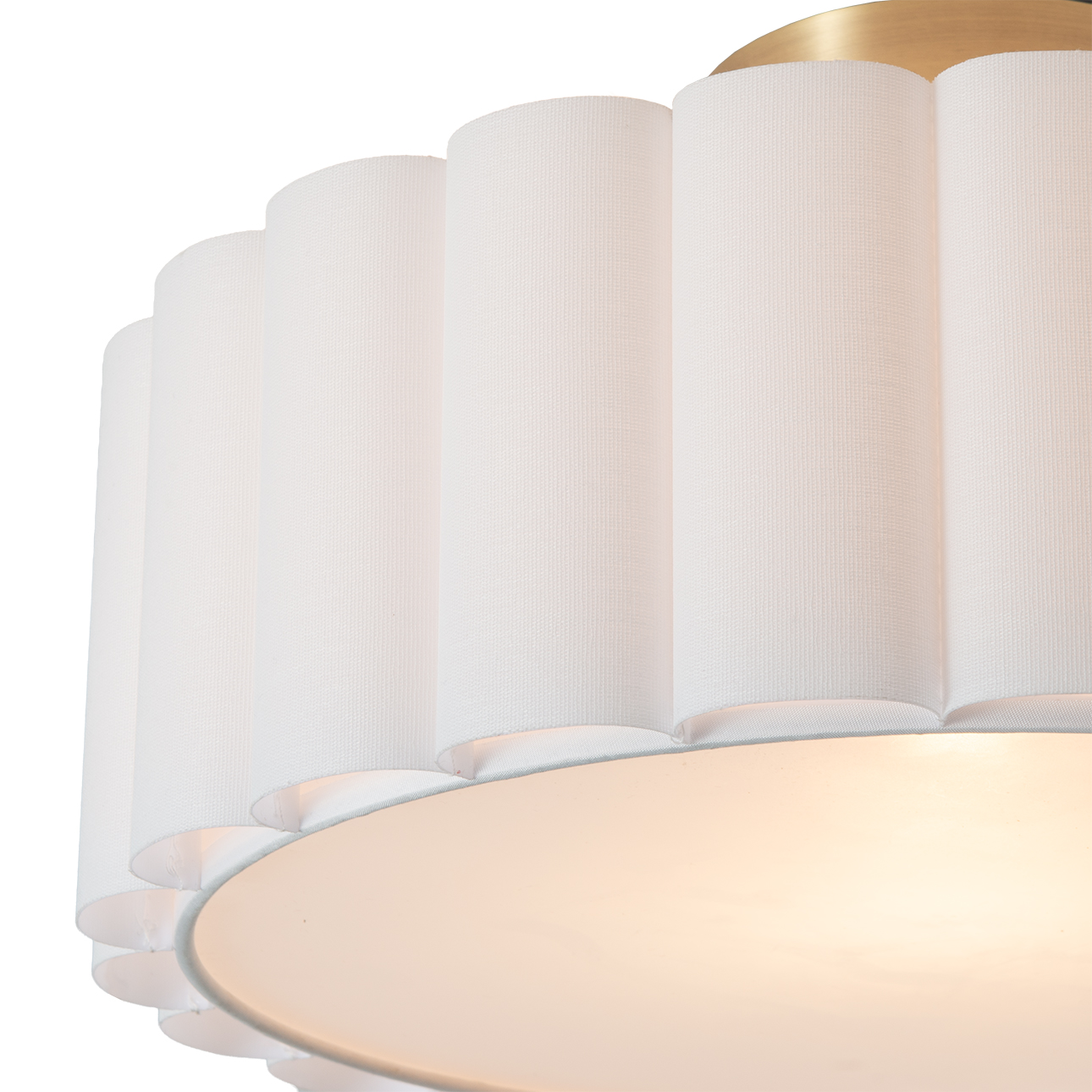 Scalloped, Flush Mount Lamp, Weathered Brass, White Linen, Diffuser