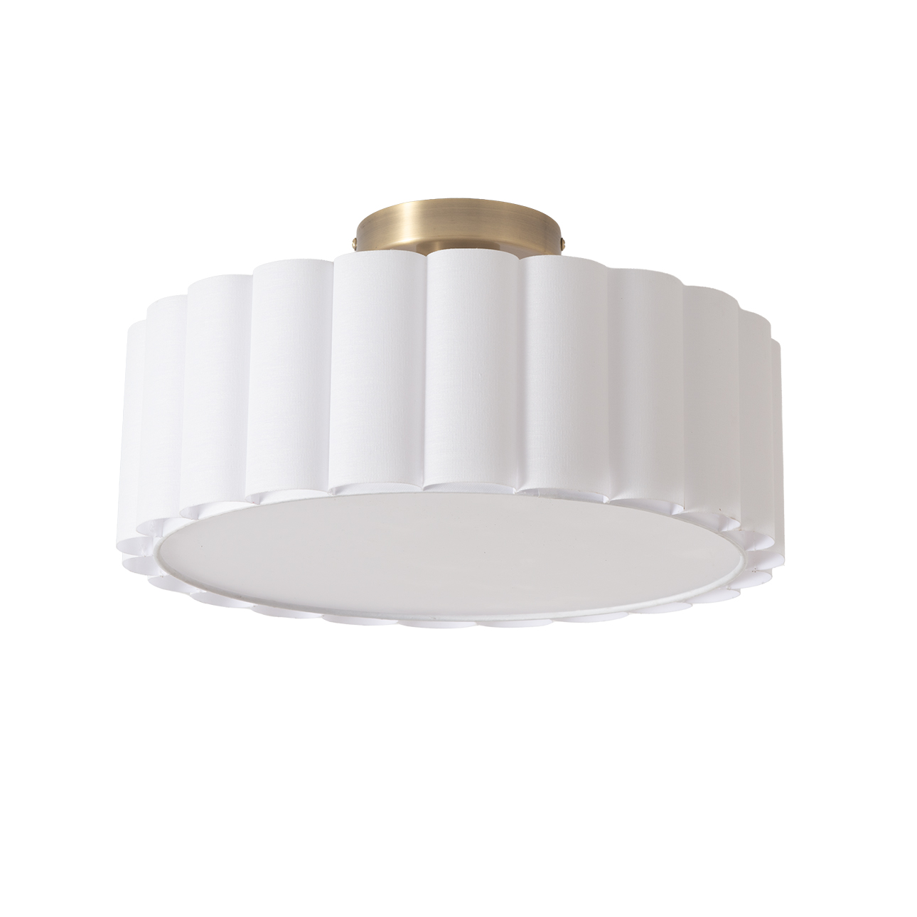 Scalloped, Flush Mount Lamp, Weathered Brass, White Linen, Diffuser