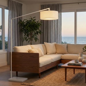 Stretch 87" Arc Floor Lamp, White Linen Drum Shade & Body, Dimmable