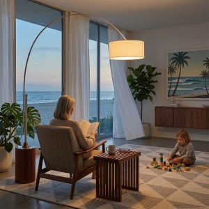 Tambo 92"H 1-Light Arc Lamp, Satin Nickel, Dimmable, for Living Room or Bedroom