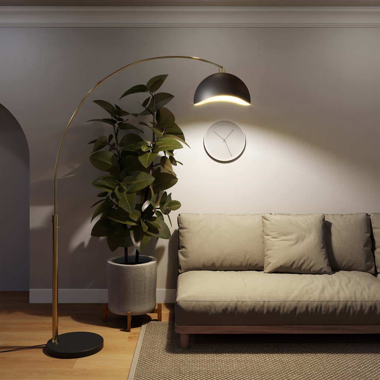 Luna Bella Arc Floor Lamp - Brass, Matte Black & Gold Leaf Shade