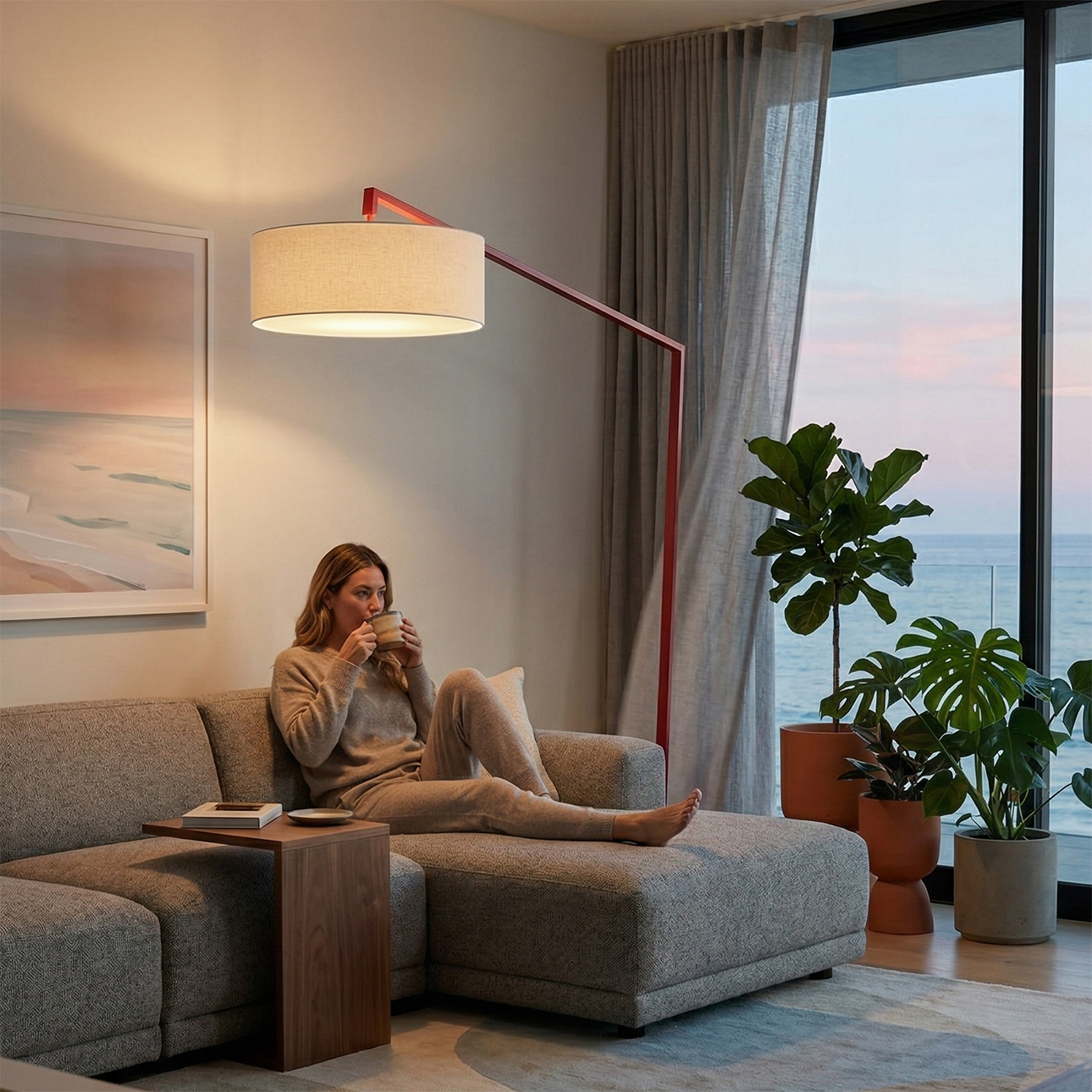 Stretch 87″H 1-Light Arc Lamp, White Linen Shade, Crimson Red Body, Dimmable, for Living Room or Bedroom