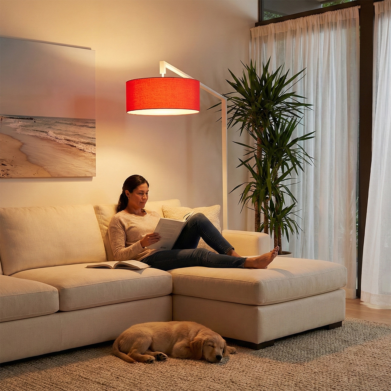 Stretch 75"H 1-Light Chairside Arc Lamp, Crimson Red Linen Shade, White Body, Dimmable, for Living Room or Bedroom