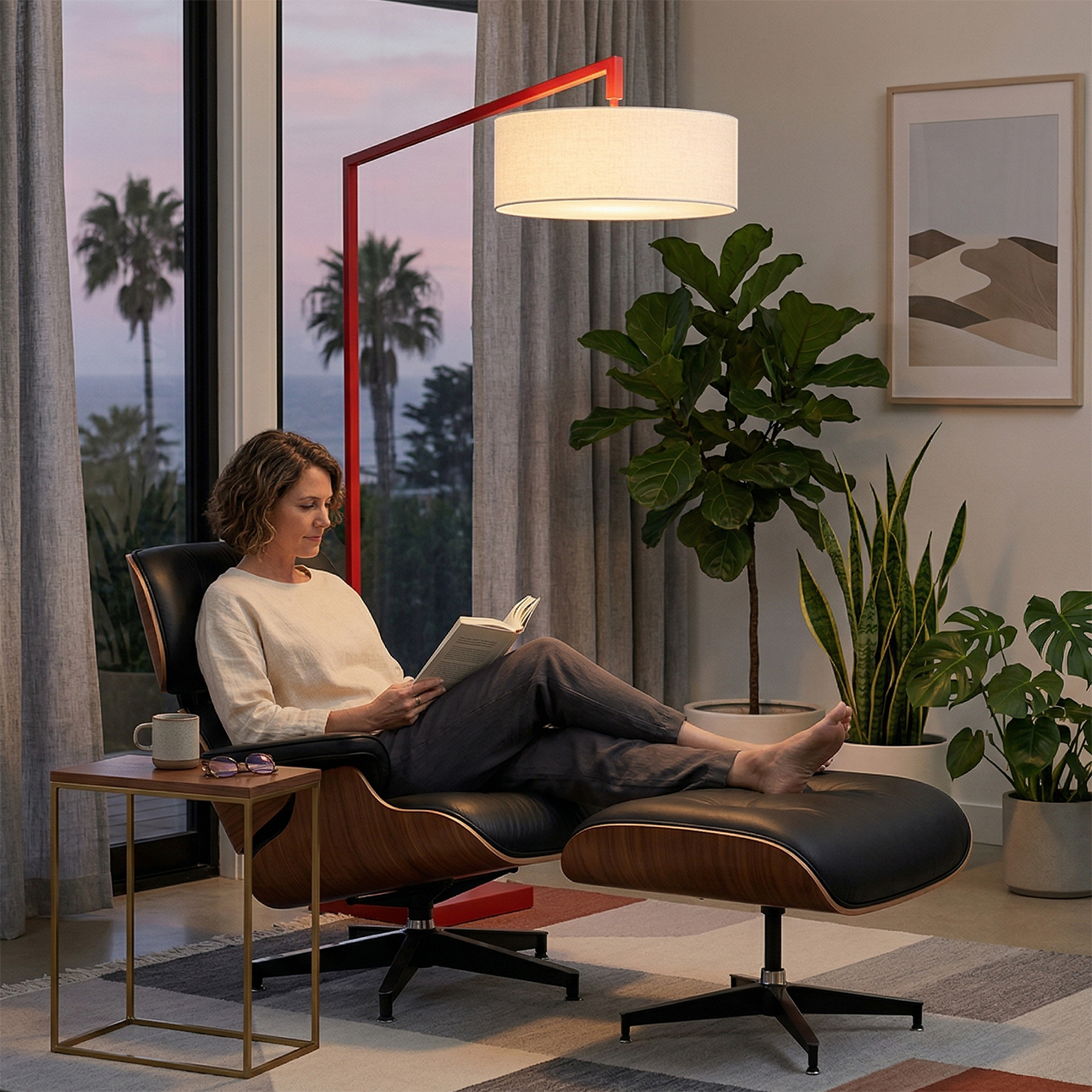 Stretch 75"H 1-Light Chairside Arc Lamp, White Linen Shade, Crimson Red Body, Dimmable, for Living Room or Bedroom